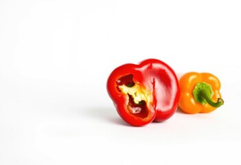 Single vibrant red bell pepper, pristine white backdrop, color, still life