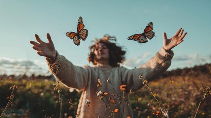 Young woman standing in a field of tall grass and wildflowers with her arms stretched out wide. she is wearing a white sweater and has curly hair.