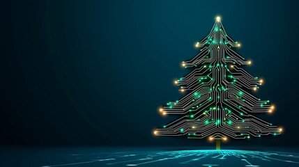 Abstract Teal Circuit Board Christmas Tree with Warm Yellow Lights