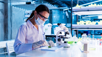A scientist in protective gear analyzes plant samples in a high-tech laboratory. Advanced agricultural research, biotechnology, and sustainable food production in a controlled environment.