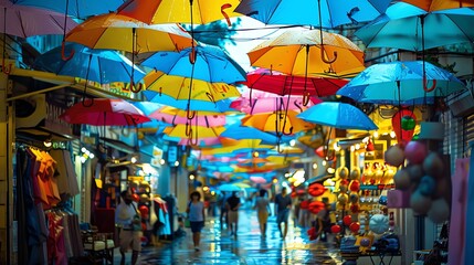 Obraz premium A colorful street lined with shops, featuring umbrellas hanging above as decorations.