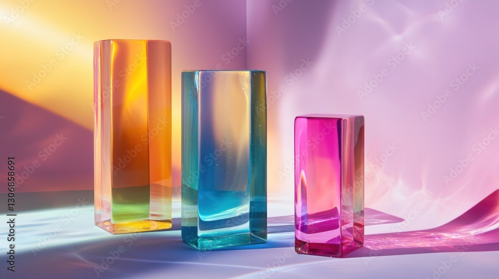 Poster three colorful glass rectangular objects reflect light across a surface