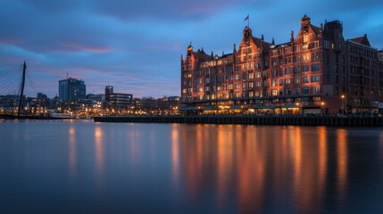 Naklejka premium Illuminated waterfront hotel at dusk, reflecting in calm water.