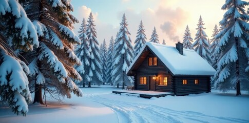 Fototapeta premium Snow-covered trees surrounding a wooden cabin with smoke rising from the chimney, winter, forest, rustic