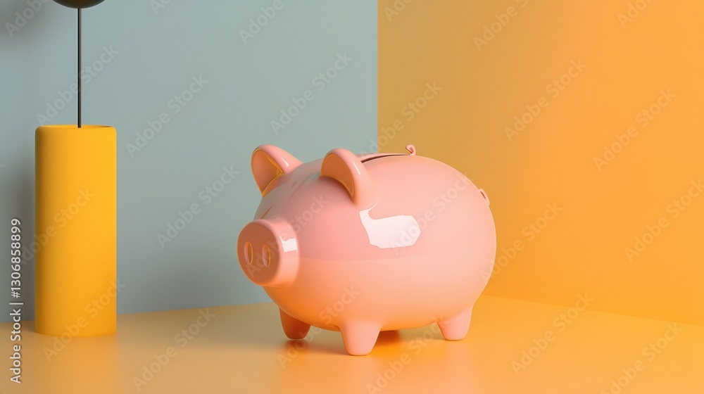 Poster pink piggy bank sitting on a yellow surface. the pig is facing towards the right side of the image a