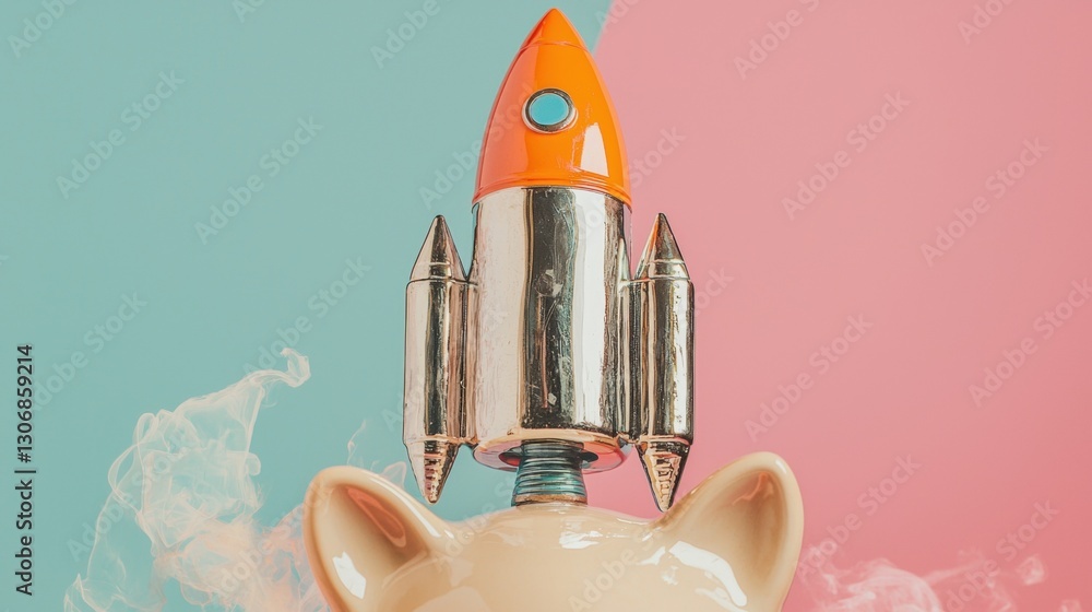 Poster digital illustration of a toy rocket ship. the rocket ship is made of metal and has an orange and si