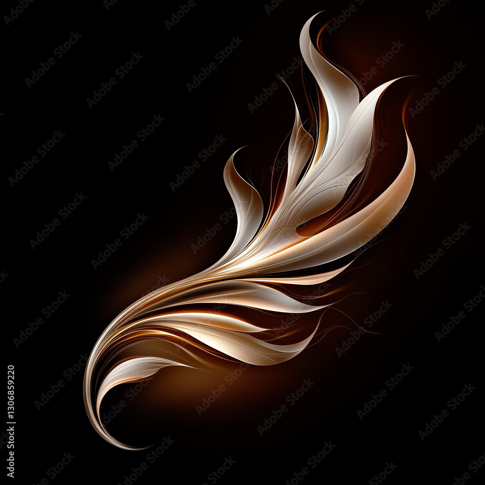 Poster a flowing golden feather like abstract shape with smooth curves and a soft glow. the elegant design 