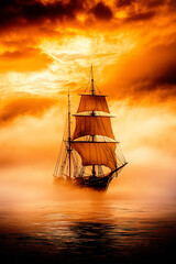 Obraz premium A majestic sailing ship emerges through golden mist, bathed in dramatic sunset light. Billowing sails catch the wind as it drifts on calm waters under glowing clouds.