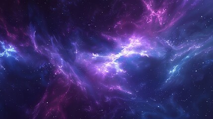 A cosmic scene with swirling purple and blue nebulae and scattered stars.