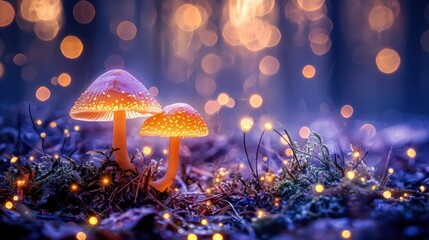 Glowing mushrooms in enchanted forest at night. (1)