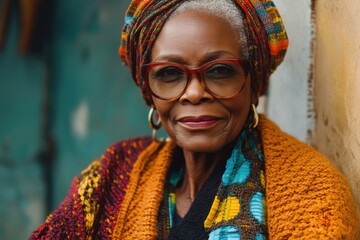 Obraz premium Portrait of Elderly Woman with Vibrant Scarf and Glasses