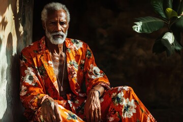 Obraz premium Portrait of an Elderly Man in Floral Orange Suit