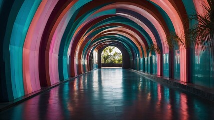 Corridor with arches of different colors. The floor is decorated with colorful patterns, adding to the dynamic and surreal atmosphere. Generative AI.