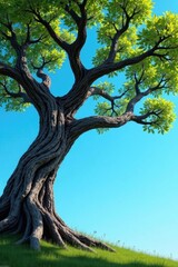 Fototapeta premium Tree with gnarled branches against a clear blue sky, tree, foliage, branch