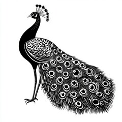 Fototapeta premium Elegant black and white illustration of a peacock showcasing its ornate feathers