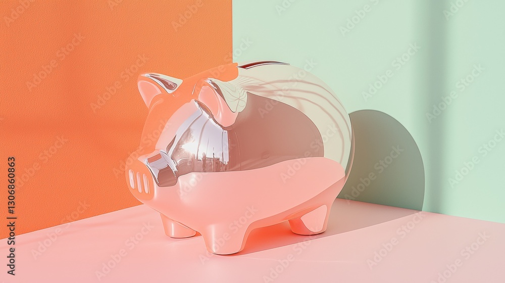 Poster 3d rendering of a piggy bank on a pink and orange background. the pig is standing upright on its hin