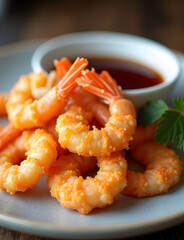A plate of crispy tempura shrimp served with a side of soy dipping sauce