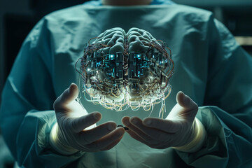 A person in surgical attire holding a glowing, robotic brain model with intricate wiring, symbolizing the integration of technology and human biology in healthcare.