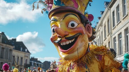 Close-up of a large, whimsical carnival puppet's face during a sunny parade.