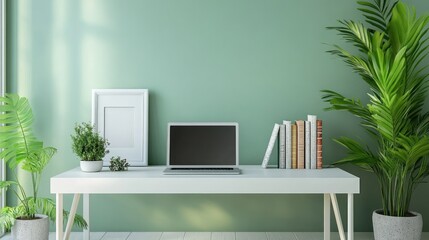 Home office workspace with laptop, plants, and books