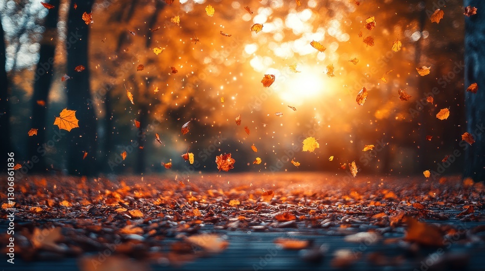 Poster serene autumn forest with colorful falling leaves softly landing on a wooden surface illuminated by 
