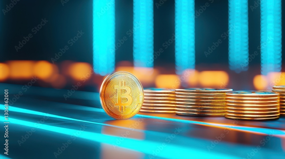 Poster stack of bitcoin coins glimmering under soft light symbolizing the rise of cryptocurrency as a moder