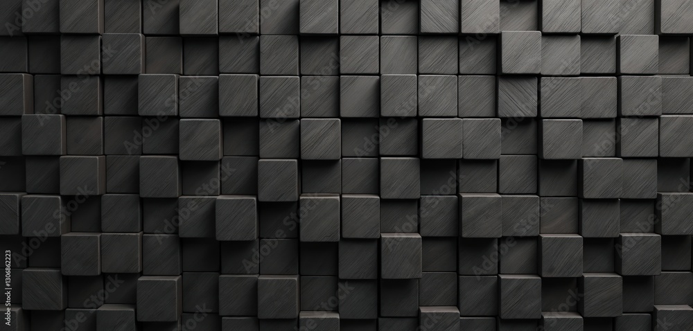 Aufkleber abstract dark grey block stack. wooden 3d cubes with black wood texture creates elevated backdrop. s