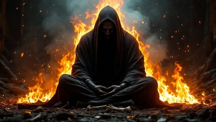 Infernal character on fire. Blazing demon from hell. Creepy illustration. Apocalyptic atmosphere.