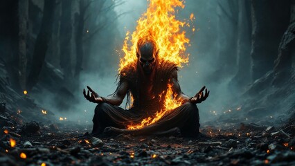 Infernal character on fire. Blazing demon from hell. Creepy illustration. Apocalyptic atmosphere.