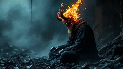 Infernal character on fire. Blazing demon from hell. Creepy illustration. Apocalyptic atmosphere.