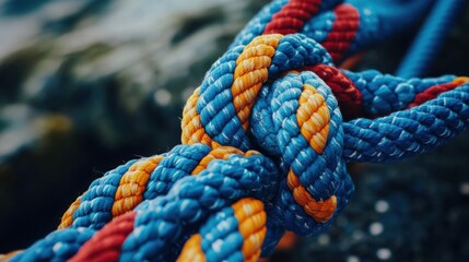 A dynamic rope tied around a sturdy anchor point with a safety knot.