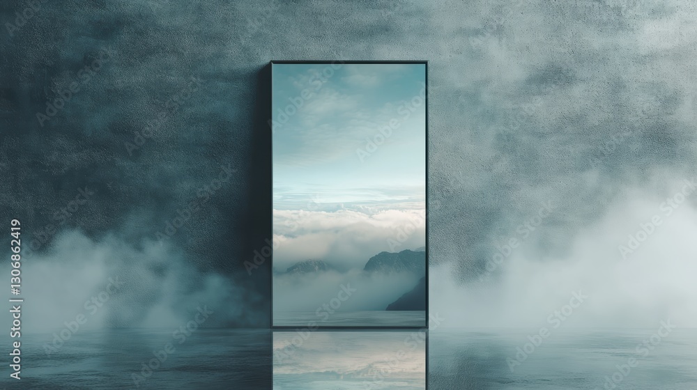 Poster serene reflection of mountain landscape in modern frame surrounded by mist and fog in an elegant roo