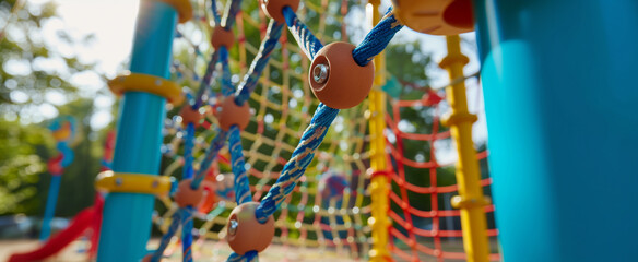 Abstract Close-up of a Colorful Playground Climbing Net