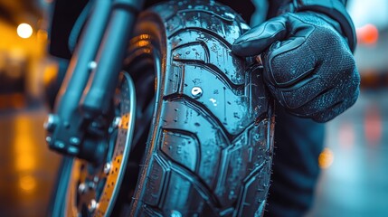 Close-up of a gloved hand checking a motorcycle tire for damage.