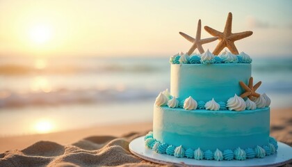 Blue birthday cake decorated with starfish on ocean sand beach. Summer marine card decoration for boy party celebration. Sweet dessert on seashore sandbank at sunset.
