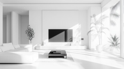 Modern white living room, sunlight, tropical plants, minimalist design, home interior