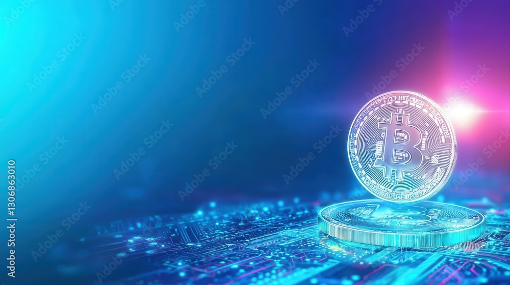 Poster glimmering bitcoin coin resting on a complex circuit board symbolizing the intersection of cryptocur