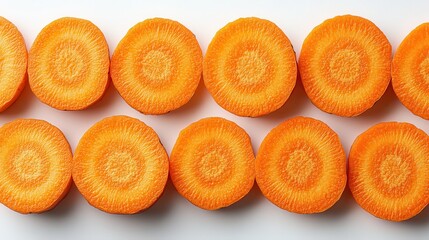 sliced fresh carrot pieces arranged on a clean white background