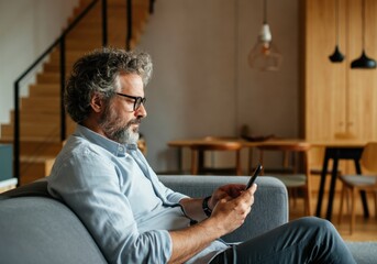 Mature adult with grey beard reclining on contemporary sofa, scanning smartphone screen within minimalist living space, engaging with digital content during quiet moment