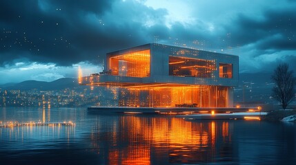 Fototapeta premium Sleek and modern future technology house, sustainable smart home architecture with solar panels, smart glass and green roof, luxurious high-tech living space, automated smart home system concept