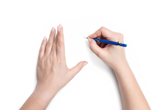 Female hands holding blue pencil, isolated on a transparent background png - Powered by Adobe