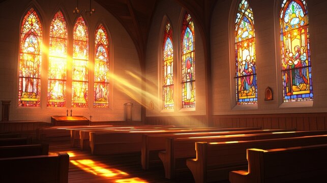 A serene church interior bathed in warm sunlight filtering through stained glass windows. The empty wooden pews and soft glow create a tranquil, spiritual atmosphere, symbolizing faith and devotion