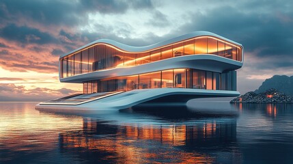 Sleek and modern future technology house, sustainable smart home architecture with solar panels, smart glass and green roof, luxurious high-tech living space, automated smart home system concept