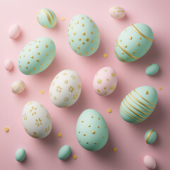 Obraz premium Colorful decorated Easter eggs with a pink wallpaper background for Easter celebration.