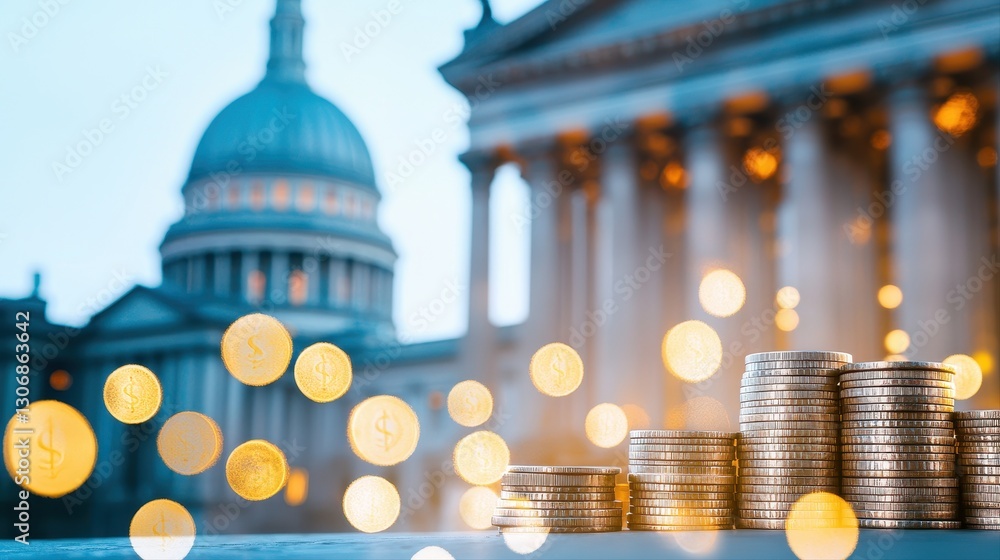 Poster building surrounded by numerous coins representing business and technology interest rate lobbying an