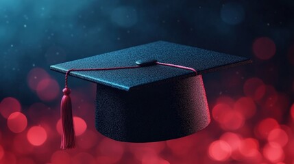 graduation cap with a tassel against a blue bokeh background. Symbol of academic achievement, education, and success. Perfect for graduation, scholarships, and career growth themes