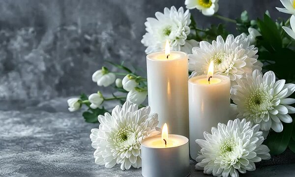 Somber Condolence Scene: Lit White Candles Amid Fresh Chrysanthemums on a Textured Gray Backdrop