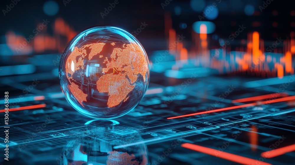 Poster globe positioned on computer screen symbolizing global financial perspectives in business and techno