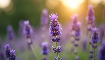 Fototapeta premium Detailed close up of blooming lavender flower at summer sunset. Violet purple lavandula in park. Scented summer herb. Beautiful meadow flower for essential oil, perfume industry.