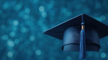 graduation cap with a tassel against a blue bokeh background. Symbol of academic achievement, education, and success. Perfect for graduation, scholarships, and career growth themes